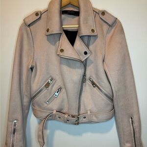 ZARA Blush Pink Cropped Moto Jacket Belted Suede-Look Size M